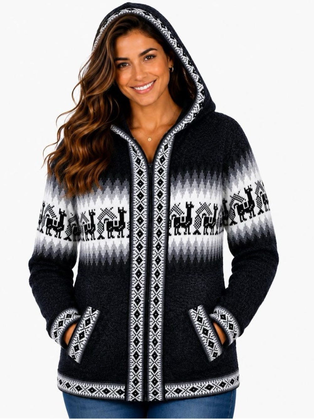 Handmade Alpaca Wool Hooded Zip Sweater Jacket Black Grey Llama Motif Size Large